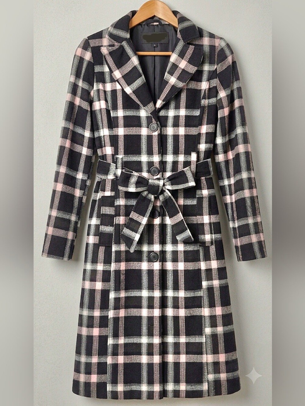 Plaid Belted Trench mid length Overcoat with notched lapels
